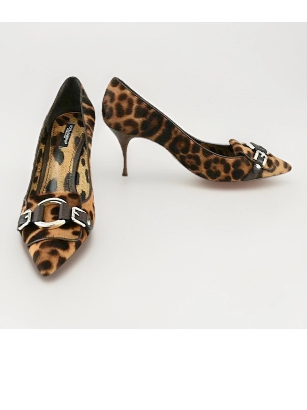 Dolce and Gabbana Leopard Print Pony Hair Stiletto Heel Buckle Pumps EUR 37 US 7